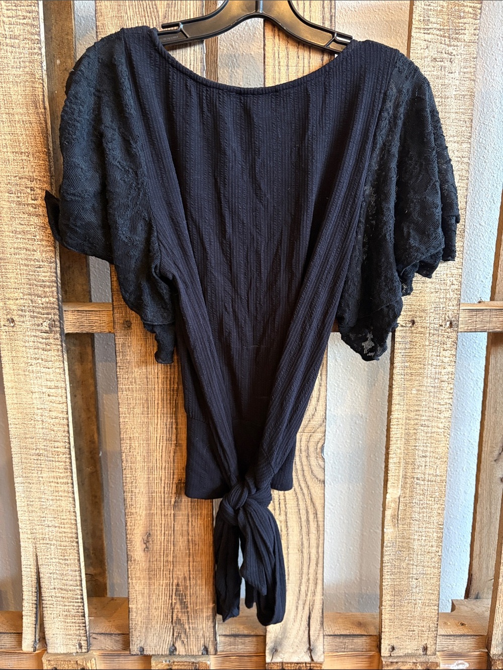 Day Trip Black Ruffle Lace Sleeve Tie-Waist Top - Picture 3 of 3